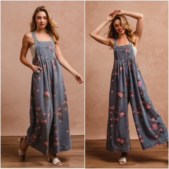 Bibi Floral Print Dark Wash Pockets Wide leg Denim Bib jumpsuit - Picture 1 of 5